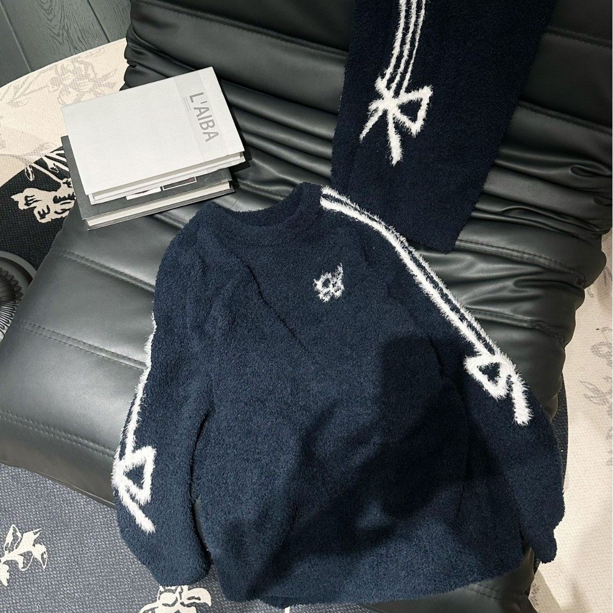 Yase【娩冬蓝与】半边绒秋冬季加绒加厚保暖甜美可爱蝴蝶结家居服