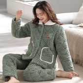 秋冬季 珊瑚绒夹棉三层冬天加绒加厚家居服 保暖睡衣女士2024年新款