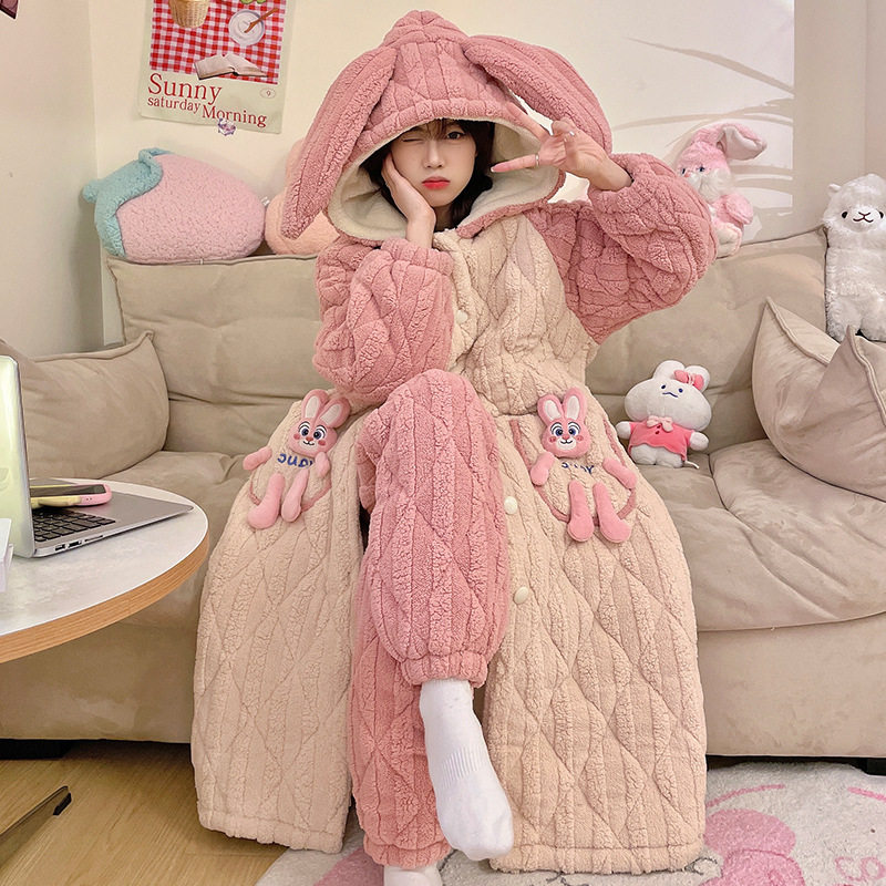 睡衣女冬季加绒加厚珊瑚绒三层夹棉袄保暖睡袍卡通家居服套装冬天,女士内衣/男士内衣/家居服,睡袍/浴袍,淘宝优惠券,粉丝福利购,淘宝优惠卷