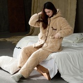 天鹅绒三层加厚夹棉珊瑚绒连帽咖色家居服套装 睡衣女冬季 保暖长袖