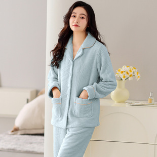 批发价珊瑚绒睡衣女秋冬加绒加厚冬季 可外穿法兰绒保暖家居服套装