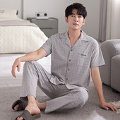 长裤 夏款 薄款 睡衣男款 可外穿夏天家居服套装 纯棉短袖 休闲大码 夏季