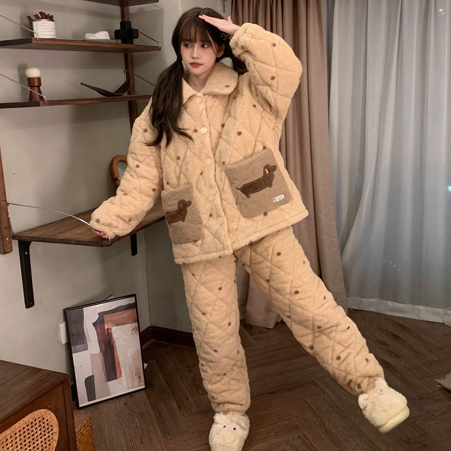 冬季新款三层夹棉睡衣女士加绒加厚卡通翻领大码可外穿家居服套装