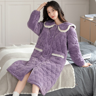 珊瑚绒睡袍女款冬季三层夹棉加厚中长款加绒保暖开衫女士家居浴袍
