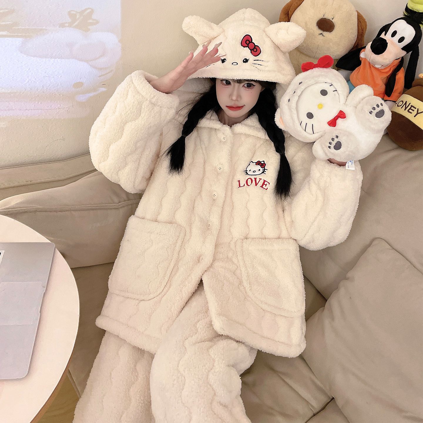 冬季新款三层夹棉睡衣女士加绒加厚卡通连帽棉袄可外穿家居服套装