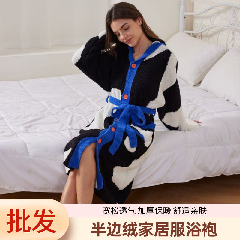 文艺风拼色开衫浴袍睡袍女士家居服秋冬季保暖时尚连帽设计家居服,女士内衣/男士内衣/家居服,睡袍/浴袍,淘宝优惠券,粉丝福利购,淘宝优惠卷