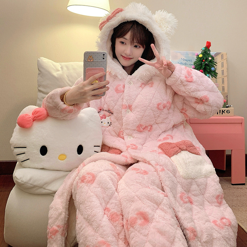 冬季新款三层夹棉睡衣女士加绒加厚卡通KT猫连帽可外穿家居服套装