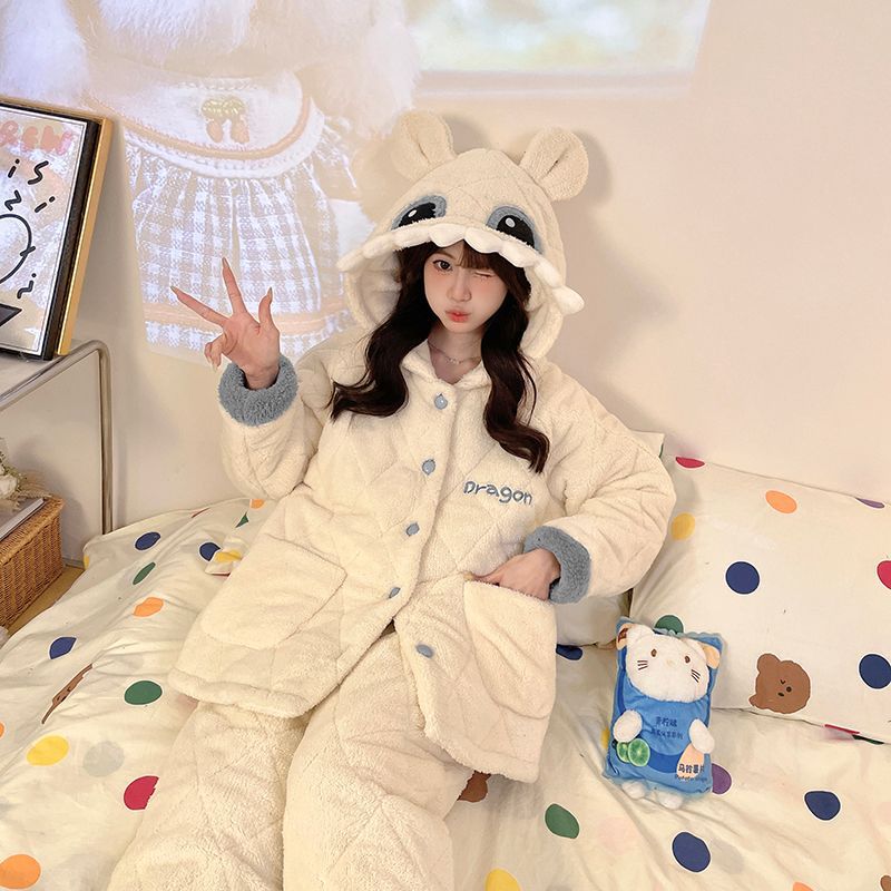 三层夹棉睡衣女冬卡通无牙仔连帽加厚加绒珊瑚绒可外穿家居服套装