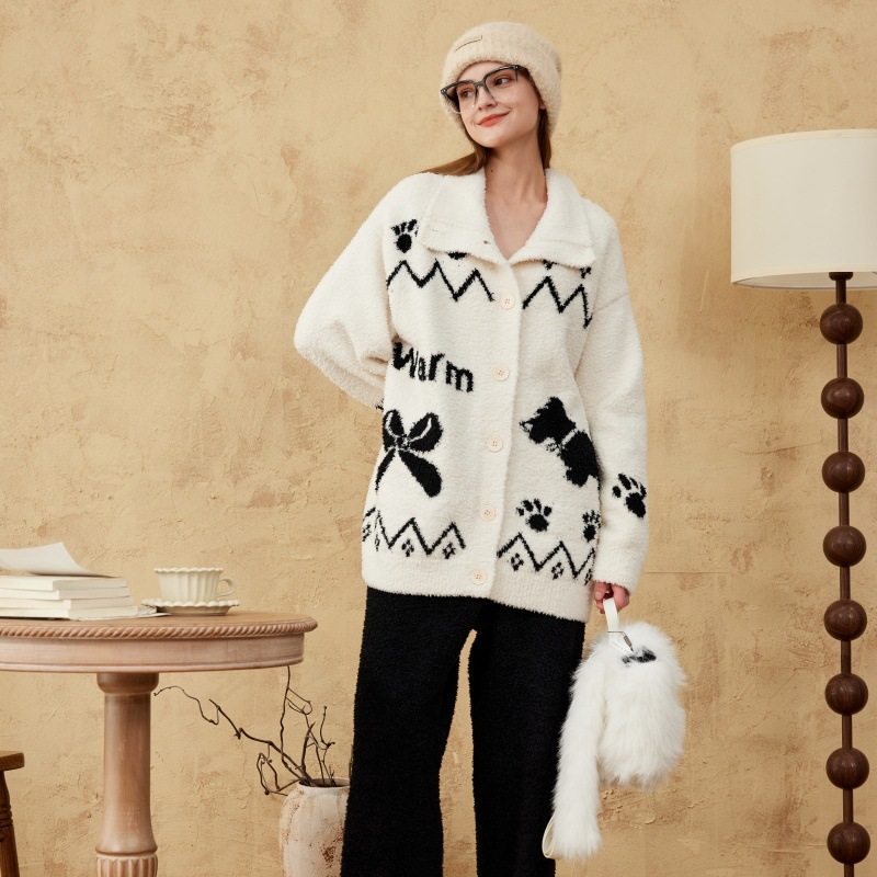 Yase【狗狗爪印】秋冬半边绒睡衣女开衫可爱卡通保暖舒适长袖套装,女士内衣/男士内衣/家居服,睡袍/浴袍,淘宝优惠券,粉丝福利购,淘宝优惠卷