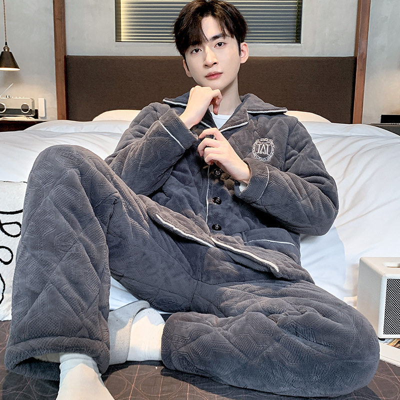 2024新款男士睡衣冬季三层加厚夹棉珊瑚绒开衫家居服男套装法兰绒