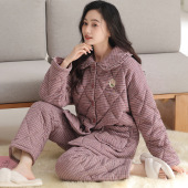 珊瑚绒冬天棉袄家居服 秋冬款 睡衣女冬季 三层加厚加绒纯棉夹棉女款