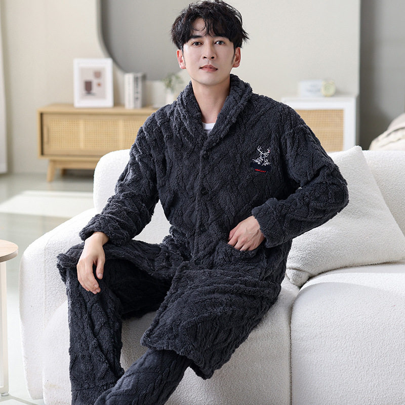 珊瑚绒睡衣男秋冬季加厚长款睡袍加大码法兰绒冬天男士家居服套装