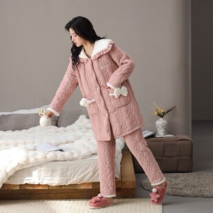 女款睡衣秋冬中长款三层牛奶绒夹棉加厚加绒保暖舒适可外穿家居服