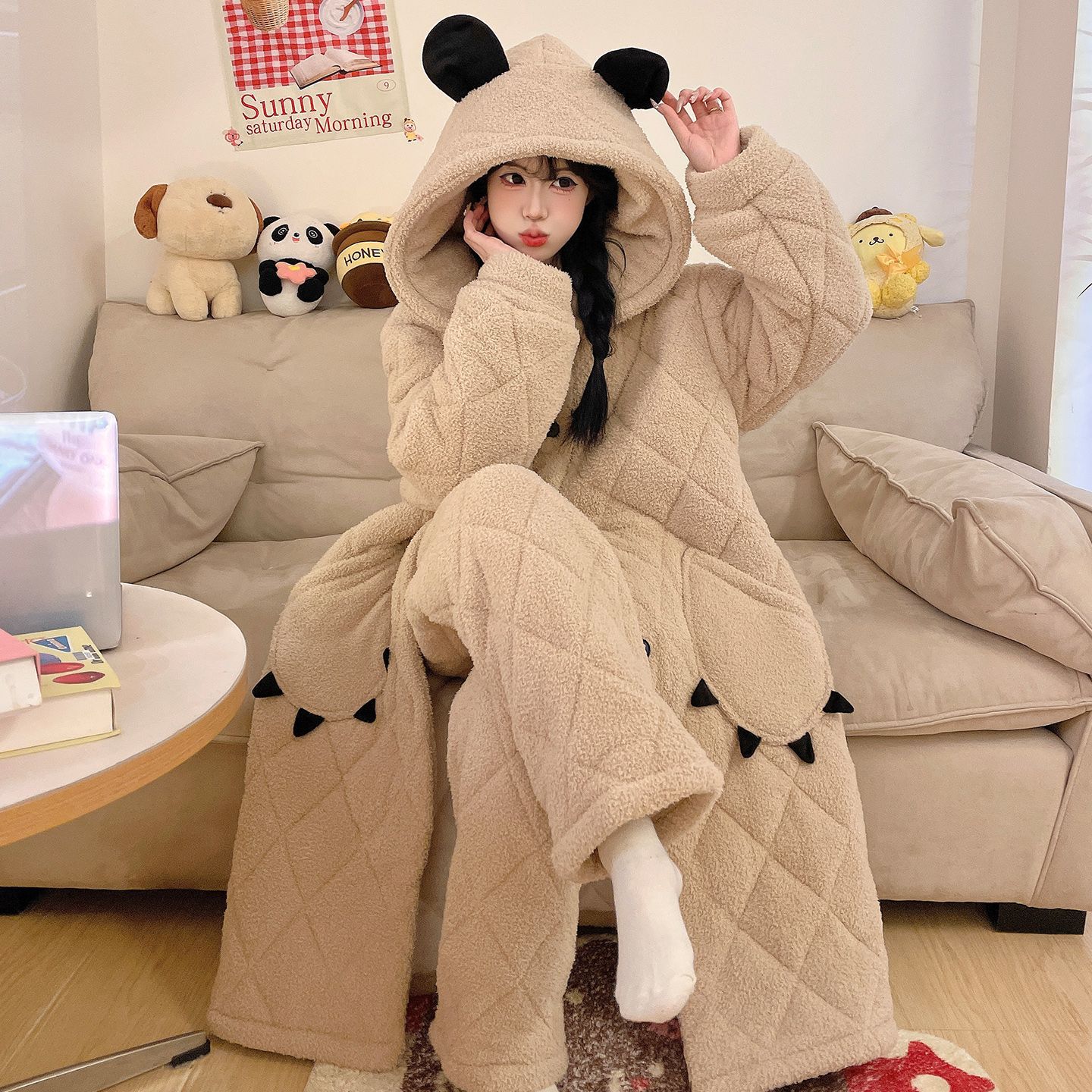 冬季新款三层夹棉睡衣女士加绒加厚卡通连帽睡袍可外穿家居服套装