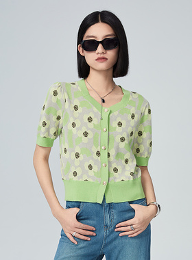 普普风2025年新款短袖显瘦V领针织衫上衣满屏提花小香风毛衫22885