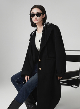 普普风双面呢长款大衣女秋冬新款高级感黑色正肩修身可外穿P21591