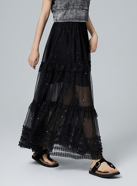 普普风黑色蛋糕拼接网纱半身裙女2024秋季新款高腰A字中长款21202