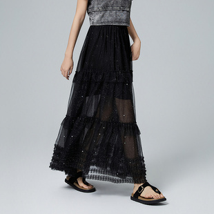21202 高腰A字中长款 普普风黑色蛋糕拼接网纱半身裙女2024秋季 新款