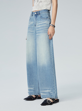 普普风商场同款2025年秋季新款重工洗水酷感牛仔阔腿裤女裤22919