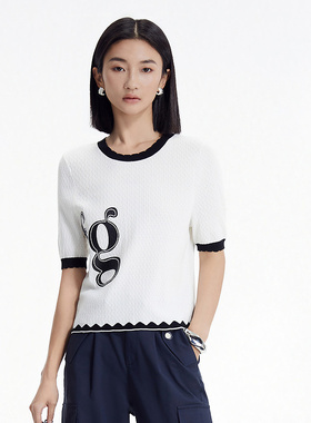 普普风图案装饰动撞色边机理毛衫女2024新款休闲百搭T恤21071