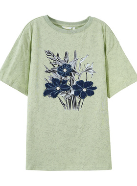 普普风商场同款短袖女夏季简约圆领凉感牛仔花朵宽松大T恤22621