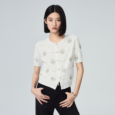 普普风商场同款休闲百搭短袖圆领小熊针织衫满屏印花毛衫女22913