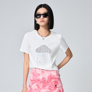 普普风白色正肩宽松百搭水母刺绣T恤女小众设计感短袖上衣22339