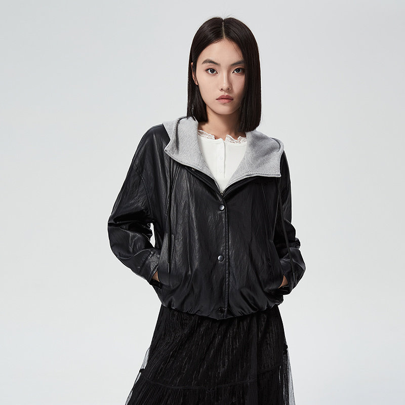 普普风商场同款美式复古时尚百搭机车皮衣PU活力假两件连帽外套女,女装/女士精品,短外套,淘宝优惠券,粉丝福利购,淘宝优惠卷