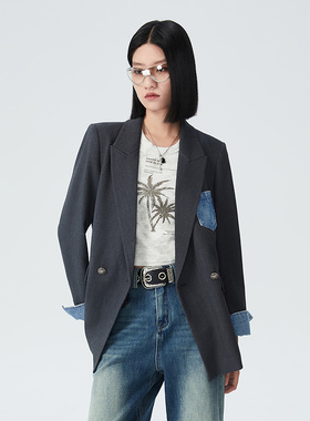 普普风商场同款2025年新款撞色时髦拼接牛仔装饰西装外套女23262