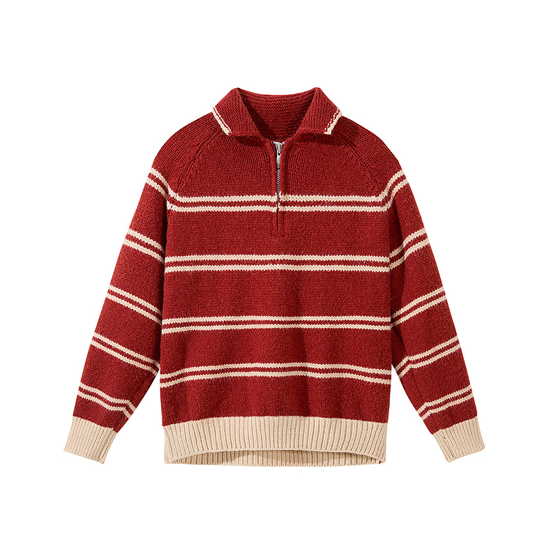 普普风商场同款新款休闲宽松保暖半拉链毛衣条纹翻领拉链套头毛衫