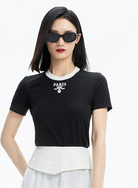 普普风简洁撞色领紧身T恤女2024夏季新款黑色简约百搭小个子20964