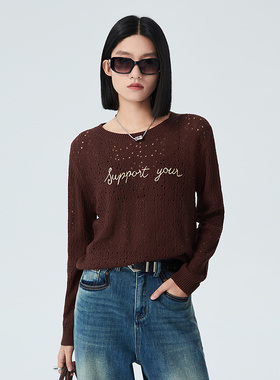 普普风2025秋季商场同款百搭圆领长袖针织衫字母镂空毛衫女23159