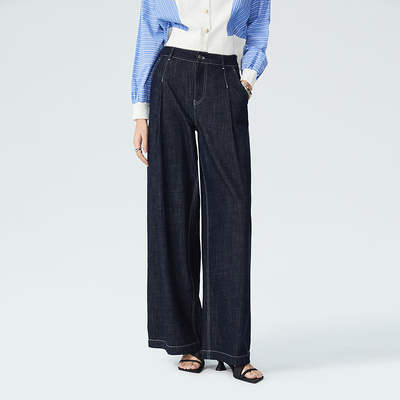 普普风2025年新款高腰复古垂坠松弛感宽松撞色线阔腿牛仔裤23154