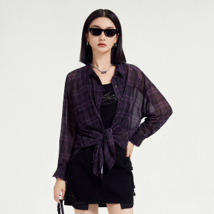 时尚 新款 感21415L 女2024秋季 普普风紫色酷感格纹解构分割宽松衬衫