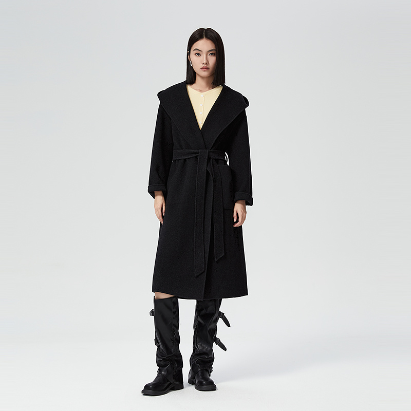 普普风商场同款气质围裹式大翻领绑带长款双面呢外套(配本布腰带)
