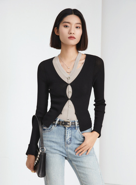 普普风假两件挖剪毛衫女2024夏季新款修身显瘦小个子百搭款20672