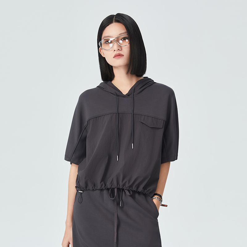 普普风2025年新款休闲宽松短袖酷感个性拼接带帽运动上衣女22895