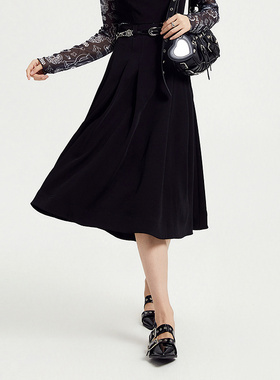 普普风黑色立体褶位A字中长半身裙女2024秋季新款时尚气质21474