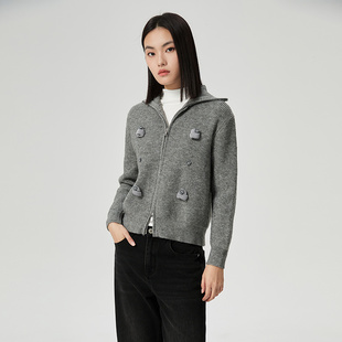 普普风商场同款宽松显瘦双拉链毛衣开衫圣诞帽装饰趣味翻领毛衫女