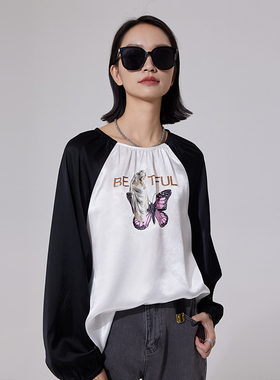 普普风长袖撞色蝴蝶印花醋酸飘逸上衣女2023冬季新款百搭20485