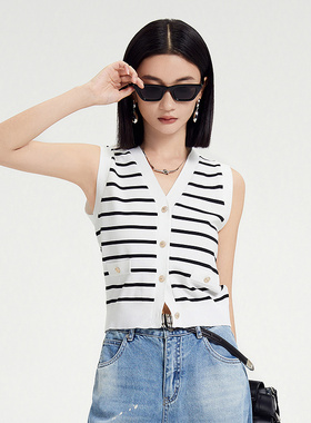 普普风学院风经典条纹针织衫马甲女2024秋季新款薄款背心21418