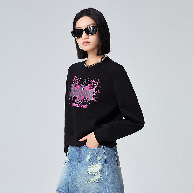 普普风简约个性卫衣女装圆领宽松洋气2025新款春秋季显瘦休闲上衣