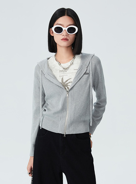 普普风商场同款秋季新款气质针织开衫连帽双拉头毛衫外套女23118