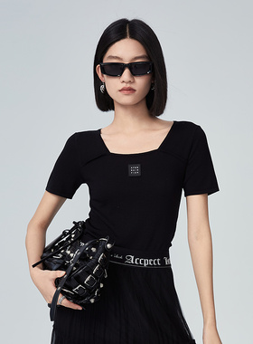 普普风2025年夏季修身显瘦短袖针织衫上衣大方领修身毛衫女22653