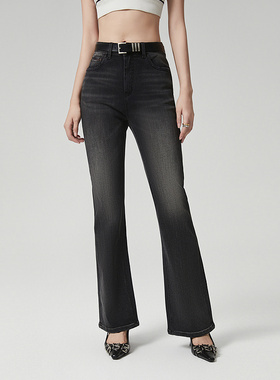 普普风裤子女秋冬新款高腰显瘦流行修身休闲喇叭阔腿牛仔裤21980B