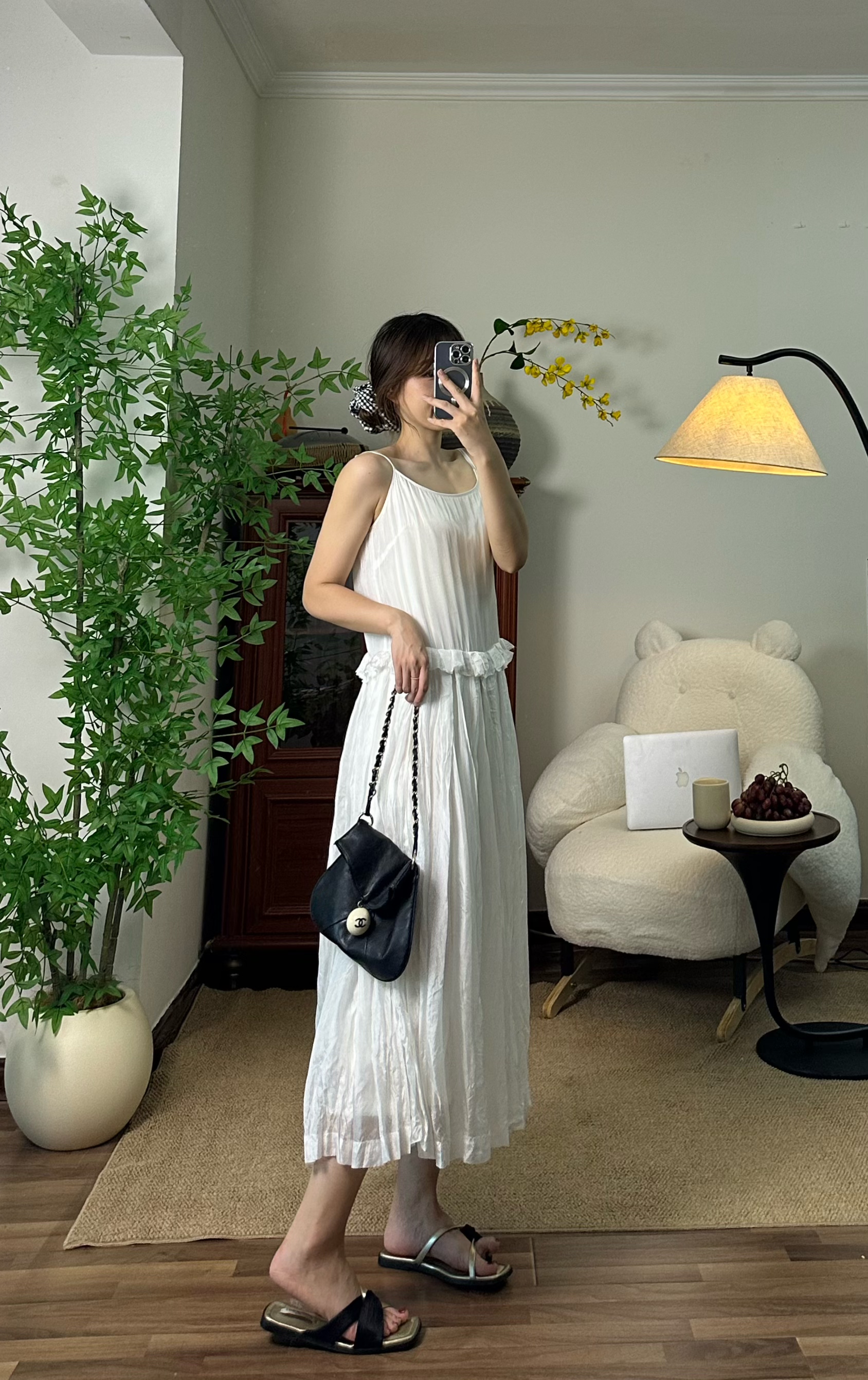 100%桑蚕丝法式绝美木耳边压褶吊带背心裙