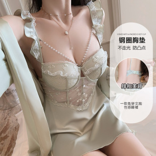 瑰若大码纯欲睡衣网纱深v加胸垫吊带睡裙外袍家居服套装4141