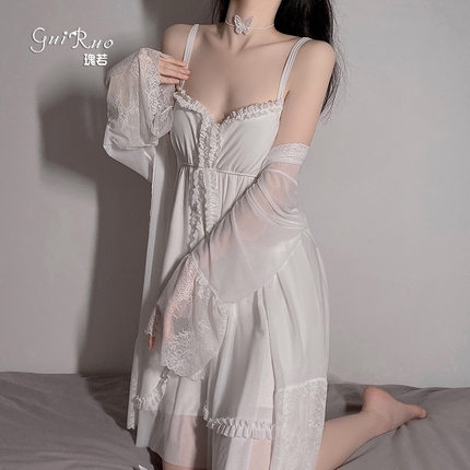 瑰若春夏新款深v吊带裙甜美胸垫睡衣系带睡袍浴袍家居服套装1256