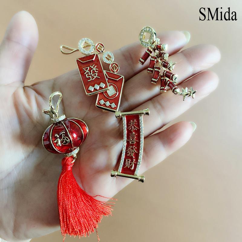 中国风喜庆红色恭喜发财胸针女款高档灯笼鞭炮大衣胸花别针配饰