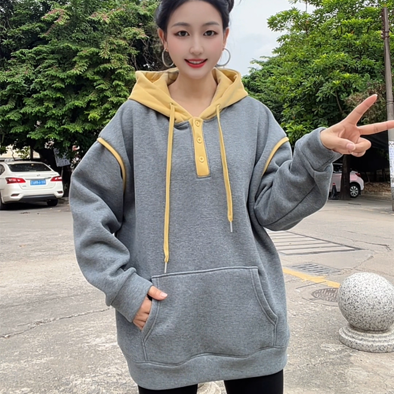 加绒加厚撞色拼接连帽卫衣女秋冬百搭显瘦休闲上衣中长款气质绒衫